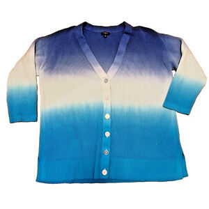 Talbots Sweater Womens cotton Blue Ombre Cardigan 3/4 sleeve Vneck 1X A003114